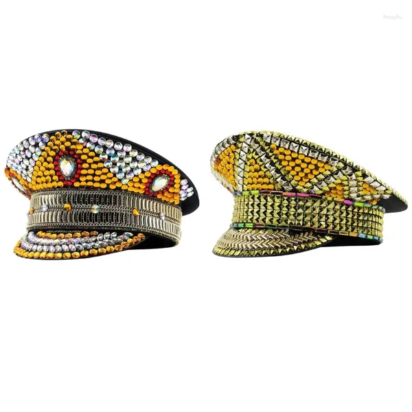 Berets Sparkling Captain Hat Hat Golden Crystals Sequins pour Bachelorette Party Actrice