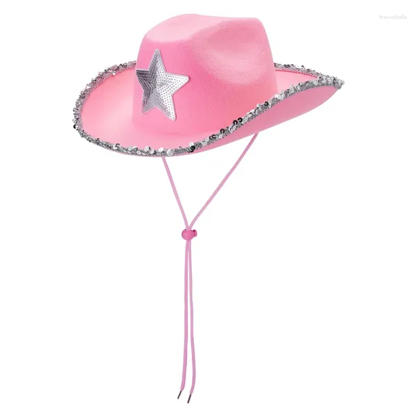 Bérets Sparkling Ringestone Cowgirl Cowgirls with Furry Wide Brim for Women - Perfect Western Themy Fêtes Célébrations