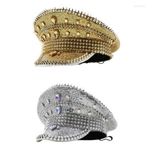 Bérets Sparkly Crystal Paillettes Rivets Bejeweled Captain Hat Femmes Hommes Carnaval Music Festival Stage Flat Top Club Party Po Props