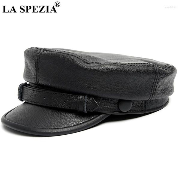 Boinas SPEZIA Black Sboy Cap Hombres Gorras planas de cuero genuino de vaca con cinturón Casual Sailor Hat Hombre Lujo Otoño Invierno Capitán HatBerets Wend2