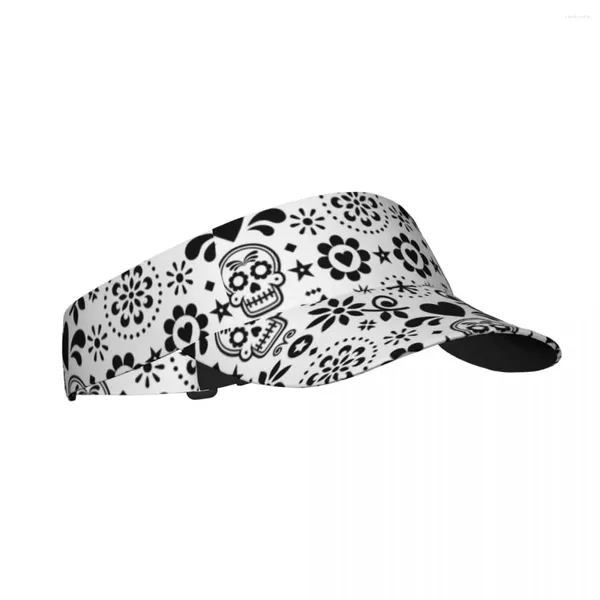 Boinas Deportes Gorra para el sol Visera ajustable Protección UV Top Vacío Tenis Golf Correr Protector solar Sombrero Azúcar Calavera Estampado en blanco y negro