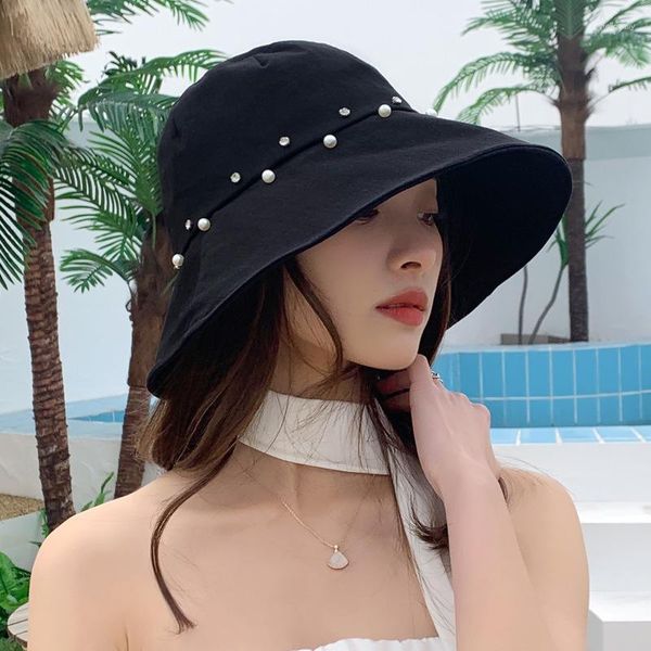 Bérets printemps et été coton chapeau femmes style coréen perle décoration seau polyvalent protection solaire Ha