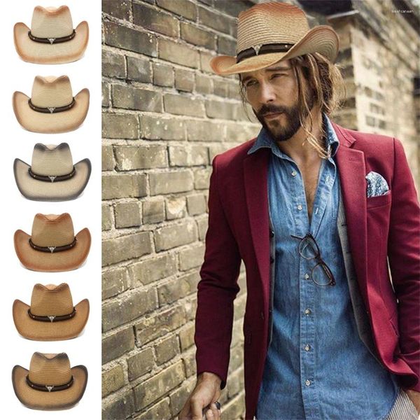 Berets Spring and Summer Men femmes le même style paille de paille occidental cowboy soleil chevauchant un jazz large