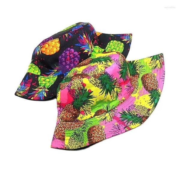 Bérets printemps et en été polyester carton ananas imprimement seau chapeau pêcheur de voyage extérieur de voyage en plein air pour hommes femmes 272