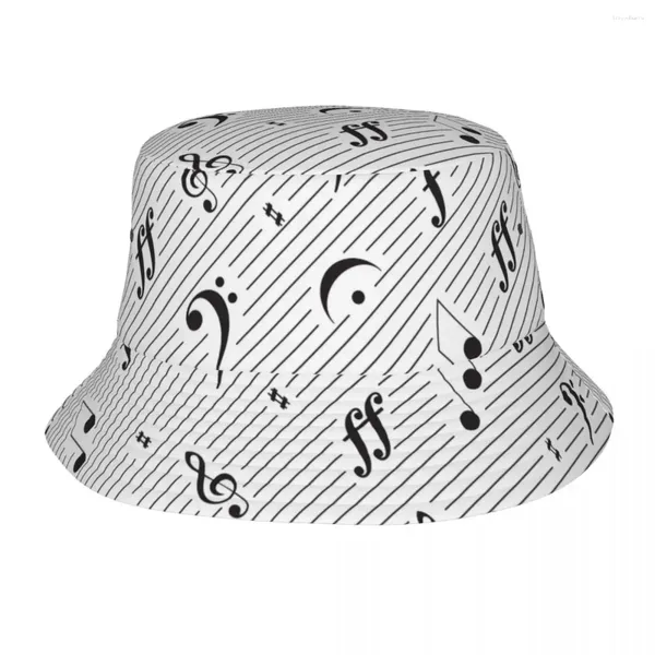 Boinas Primavera Picnic Headwear Notas musicales Merch Bob Hat Diseño único Mujeres Sombreros para el sol Negro Blanco Packable Fisherman