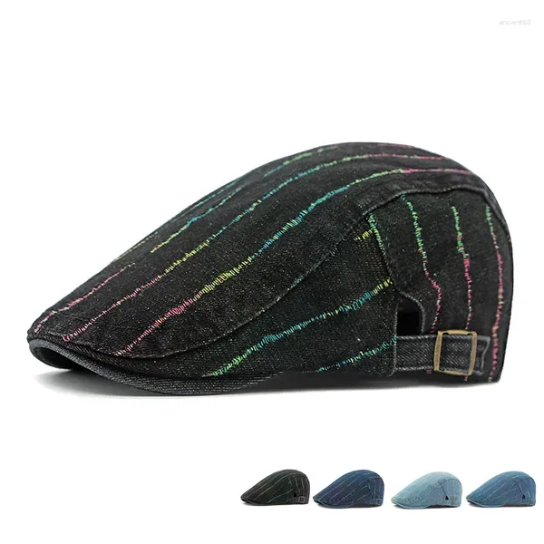 Boinas Primavera Verano Mujer Gorra Color Línea Denim Boina Hombres Británico Retro Gatsby Pintores Sombreros Conductor Ivy Hat Gorras planas