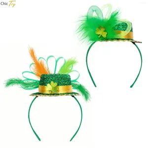 Bérets St Patricks Day Couvre-chef Shamrocks irlandais Chapeau haut-de-forme brillant Bandeau de plumes floues Cerceau de cheveux Accessoire de fête pour le festival