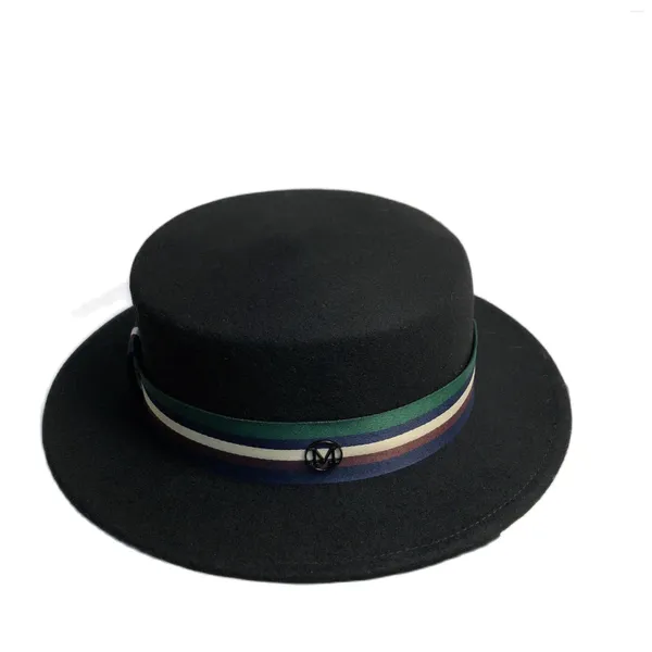 Boinas Star's Same Wide Brim Flat Top Hat Otoño e invierno Lana Francés Minimalista Cinturón de rayas Adecuado para ambos hombres Wo