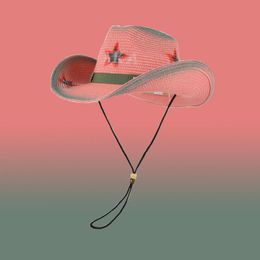 Berets Start Print Cowboyhut Rosa Damen Mit Kinnriemen Sonnenhut Strand Pool Party Formbare Jazz Stroh Cowgirl Fedoras SombreroBerets