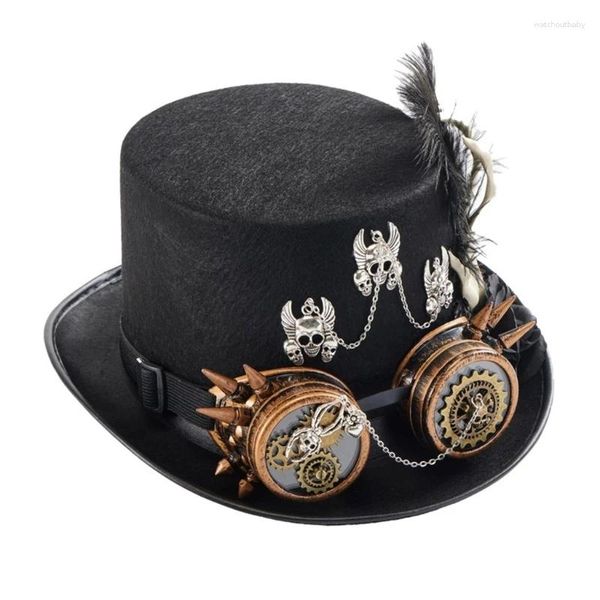 Boinas Ste Steampunk Top de copa plana disfraz de Halloween Carnavales negros con gafas y esqueleto de mano para mujeres vestidos