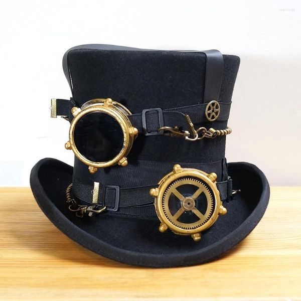 Bérets Steampunk chapeau Steam Punk Vintage laine Gear Fedoras chapellerie lunettes fait à la main