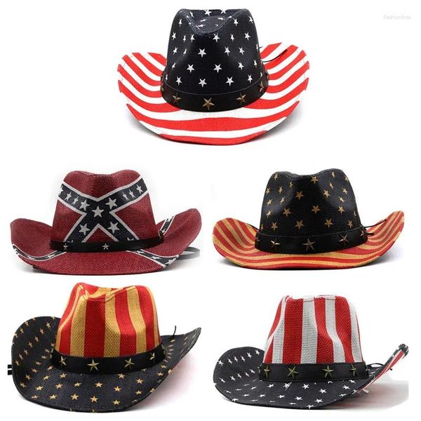 Bérets Chapeau de cowboy de paille femmes drapeau américain rétro occidental femme été plage vintage large bord soleil