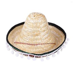 Bérets chapeau de paille mexicain hawaïen petites boules en peluche tissées avec de la ficelle pour enfants Halloween (couleur de dentelle aléatoire et