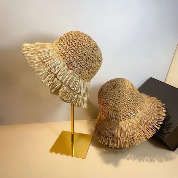 Bérets chapeau de paille femmes plage hawaïenne cristal diamant étiquette herbe fourrure bord Double couche grand parasol protection solaire