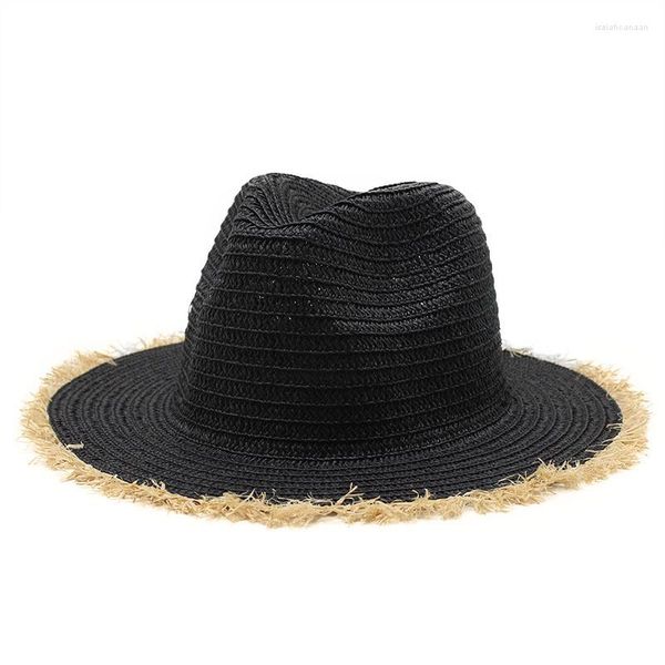 Boinas sombrero de paja mujeres verano gran ala ancha bordado protección solar flexible sombreros de playa plegables para rafia Panamá Jazz Fedoras