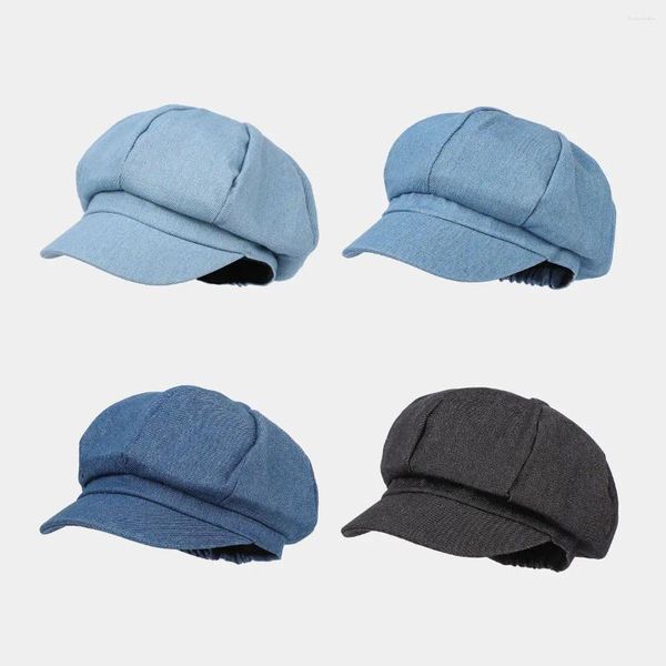 Boinas Street Fashion Mujeres Sombrero de mezclilla Color liso Elástico Octagonal Cap Otoño Invierno Sboy Beret Outdoor Sunproof Flat Caps