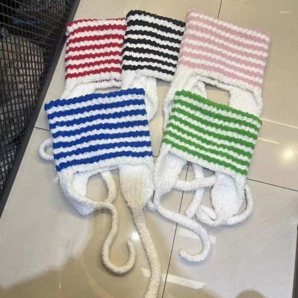 Boinas Gorro a rayas con orejeras Sombrero Y2k Gótico Ganchillo hecho a mano para mujeres Adolescentes Niñas Invierno