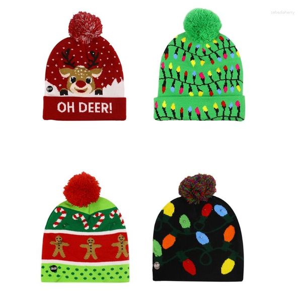 Boinas estilo 2 piezas muñeco de nieve Elk gorro de punto LED luminoso gorro cálido para Halloween Navidad