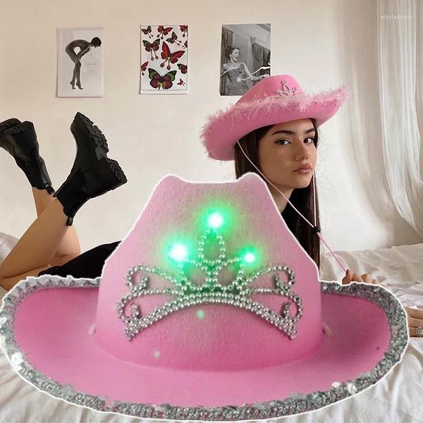 Boina estilo vaquero resplandeciente sombrero rosa mujer moda fiesta gorra deformada ala ancha con lentejuelas decoración Led corona Tiara vaquera