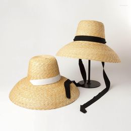 Berets Style High Flat Top Big Brim met strappy straw hoed mode concave vorm zonnebrandcrème strand