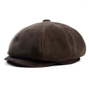 Berets suède achthoekige baret cap mannen vrouwen peaky blinders winter mode casual sboy hoed echt leer warme koffie boina hombre