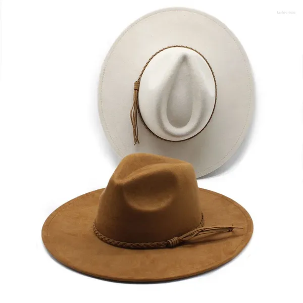 Boinas de gamuza sombrero de copa 9,5 cm ala grande Jazz Fedora sombreros elegantes mujeres fiesta vestido de boda hombres Vintage Panamá fieltro gorra Trilby