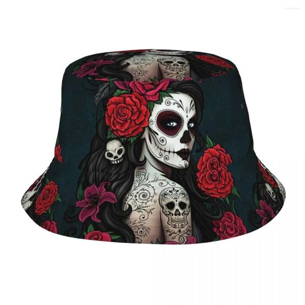 Boinas Sugar Skull Bob Hat para mujeres Hombres Viajes Hermosa Chica Floppy Street Plegable Deportes al aire libre Pescador Cap