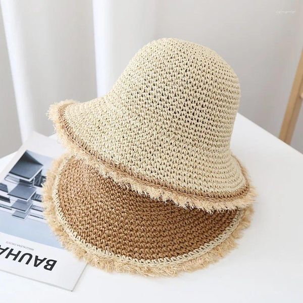 Bérets Summer Beach Bucket Bucket For Wide Wide Brim Sunshade Paille coréenne à main Crochet Edge Girl Outdoor Fishing Sun Sun