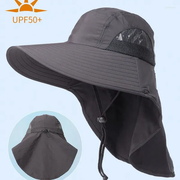 Bérets Summer Big Brim Suncreen Hat Anti-UV Outdoor Worker Full Face Cover Protection du cou Pêcheur pour les hommes Visors Sunshade Visors de Sunshade