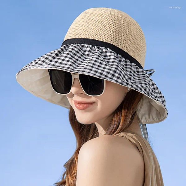 Bérets Été Respirant Seau Chapeau Femmes À Carreaux Impression Coton Maille Soleil Lumière Dames Élégantes À Lacets Arc Large Bord Plage