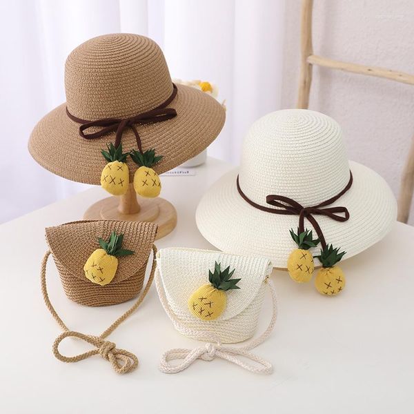 Boinas Verano Niños Bebé Fruta Piña 2 unids Conjuntos Cinta Sombrero para el sol Niño Niñas Divertidos dibujos animados Playa Sombreros Protector solar con bolsas