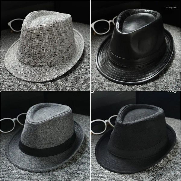 Boinas Moda de verano Blanco Flat Brim Wide PU Cuero Jazz Hat Sun-shading Beach Gorra de hombre