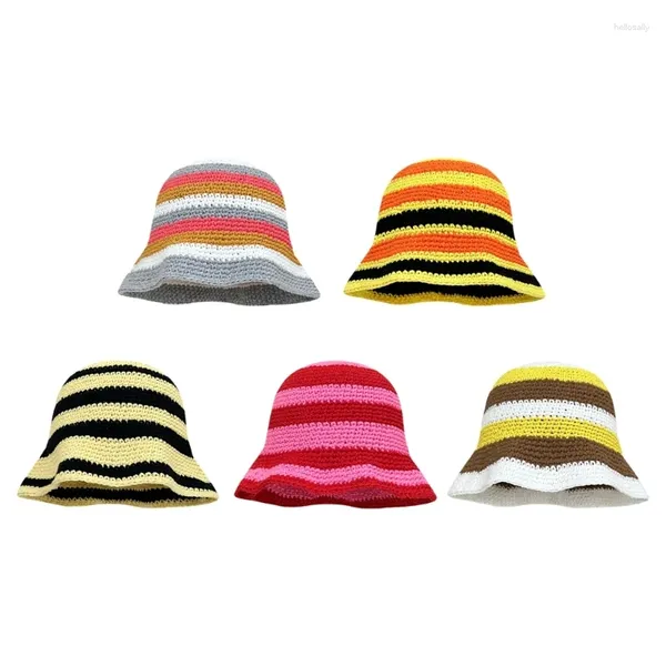 Bérets Chapeau de pêcheur d'été pour femme Tissage Seau Crochet Stripe Pattern Cap DXAA