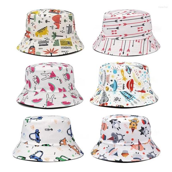 Boinas Sombrero de pescador de verano Sombreros de cubo de dibujos animados reversibles para mujeres Hombres Hip Hop Cap Vintage Impreso Pesca