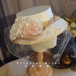 Berets Summer Flower Face Veil Mariage Hat Fée Foral Foral Deep Bucket England Design Women Fancy Show Banquet Fedora Headdress Fedora