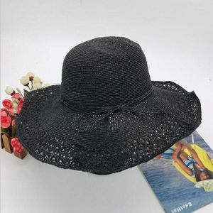 Boinas de verano hechas a mano con ala grande y pajarita, sombreros de paja de papel para mujer, bonitas y bonitas, plegables a la moda de alta calidad