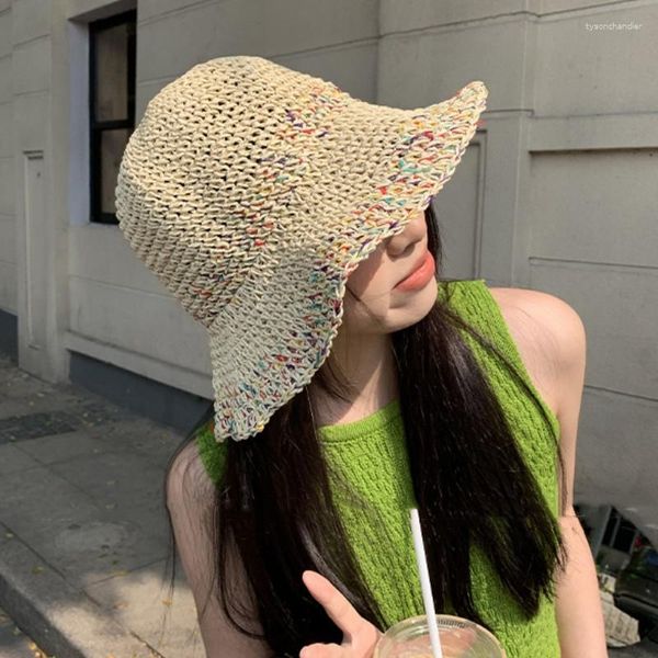 Boinas de verano tejidas a mano, sombreros de sol coloridos para mujeres y niñas, sombrero de paja de ganchillo transpirable plegable, sombrero de paja de playa de ala ancha para mujer, gorra de cubo de Panamá