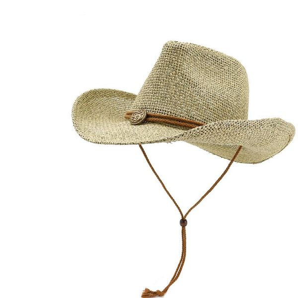 Bérets Été Hommes Femmes Kaki Papier Paille Chapeaux De Cowboy À Large Bord Panama Style Plage Casquette De Protection Solaire Vacances Voyage Chapeau Pare-Soleil SunhatBérets