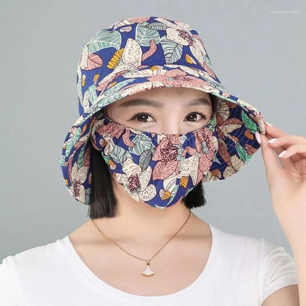 Bérets Summer extérieur anti-UV Bucket avec un masque de poussière Protection du cou Femme Flower Modèle Fisherman Suncreen Thé Picking Curning