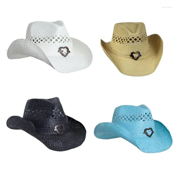 Bérets Été Bords Roulés Chapeau De Cowboy Chapeau De Paille Tissage Adolescents Femmes Casquettes Manuel Voyage Vacances Avec Badge Coeur