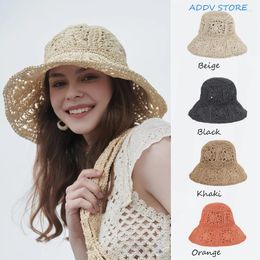 Berets zomer skelet grote dakrand opvouwbare stro hoed dames massief kleuren gehaakte zonbescherming vakantie strand strand