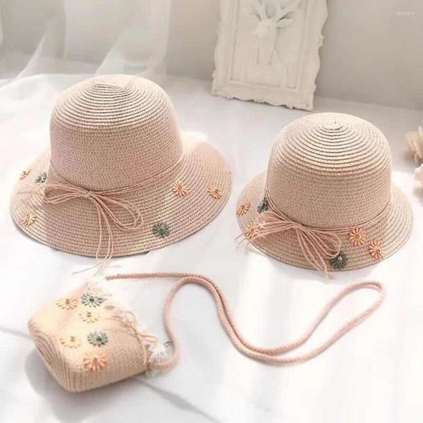 Boinas Sombrero de paja de verano Conjunto de bolsa Niños Flor Plegable Visera Playa Niño Sol Niños Niñas Fresco Coreano Dulce Lindo de dos piezas