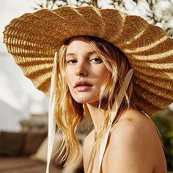 Bérets Chapeau de soleil d'été bord de paille attaché avec haut rond grand Eaf plage simple pliable à large bord protection UV femmes casquette