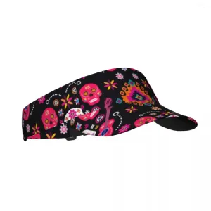 Bérets Summer Sun Hat Hommes Femmes Visière réglable Top Vide Crânes de sucre mexicains et fleurs Sports Tennis Golf Running Sunscreen Cap