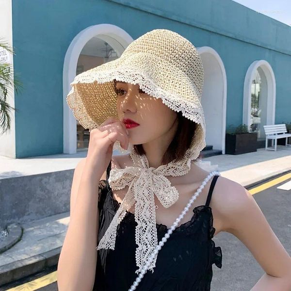 Berets Summer Sun Sun Femme Fedies Lace Ribbon Holiday Plage Plaw Papier Papier Lady Out Door Travel Leisure Cape Bucket pliable