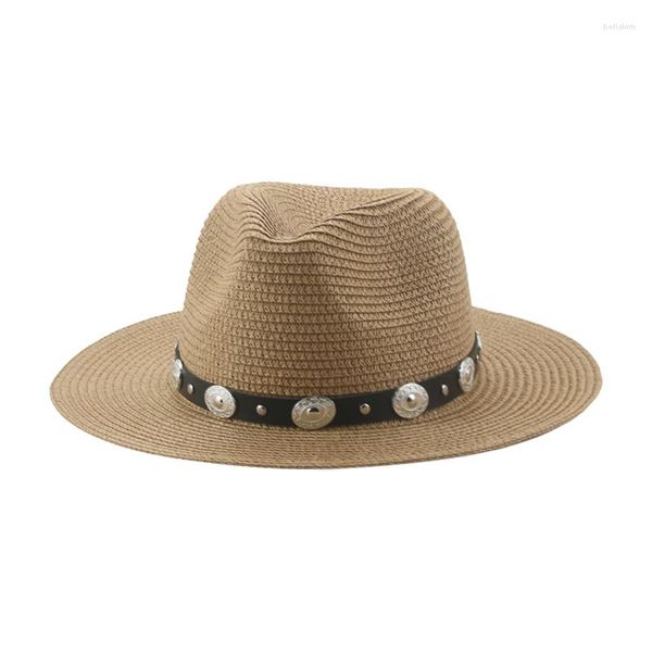 Boinas Verano Sombreros para el sol Mujeres Hombres Casual Paja Negro Caqui Cinturón Western Cowboy Protección Sombreros De Mujer