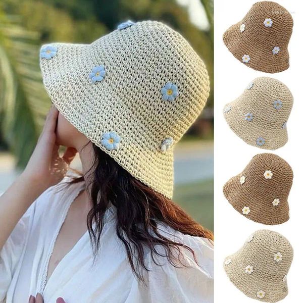 Boinas Summer Sun Hats Mujeres Crochet de paja Boho Flower Bucket Gat.