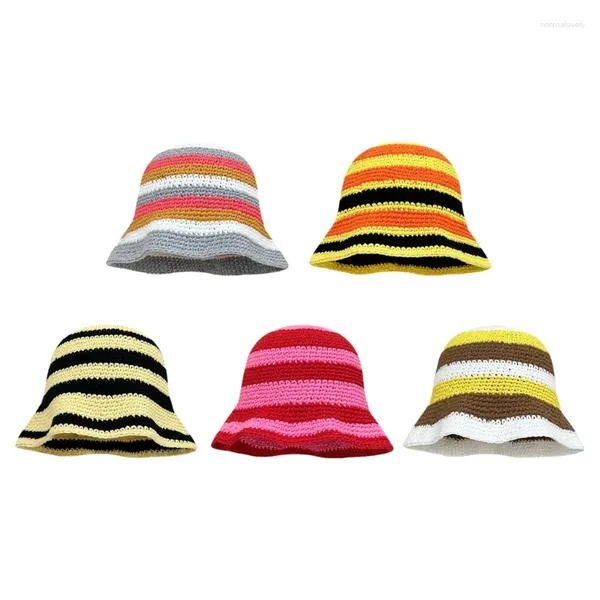 Bérets Summer Sunproof Crochet Seau Chapeau Dames Printemps Commute Camping Pêcheur avec motif à rayures pour petite amie