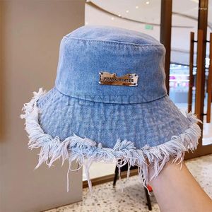 Baretten Zomer Unisex Kwastje Gewassen Denim Emmer Hoeden Mode Voor Vrouwen Brede Rand Opvouwbare Panama Cap Outdoor Strand Vissershoed