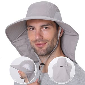 Bérets Été UPF50 Chapeau de soleil pour femmes hommes Breathale Mesh Seau avec rabat de cou en plein air à long bord large randonnée chapeaux de pêche 230822